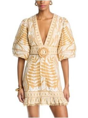 FARM Rio lace nature Mustard and White Embroidered V-Neck Puff Sleeve Mini Dress